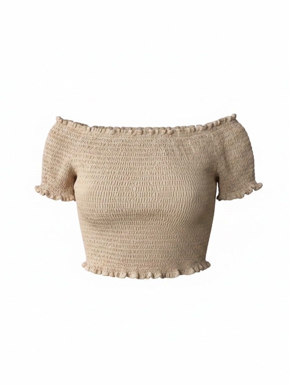 OAK + FORT Beige Smocked Off-Shoulder Ruffle Crop Top